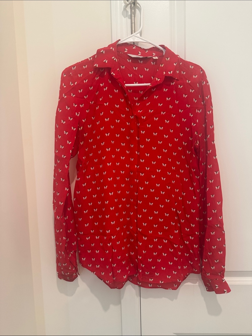 & Other Stories Red Button-Down Shirt with White Butterfly Motif